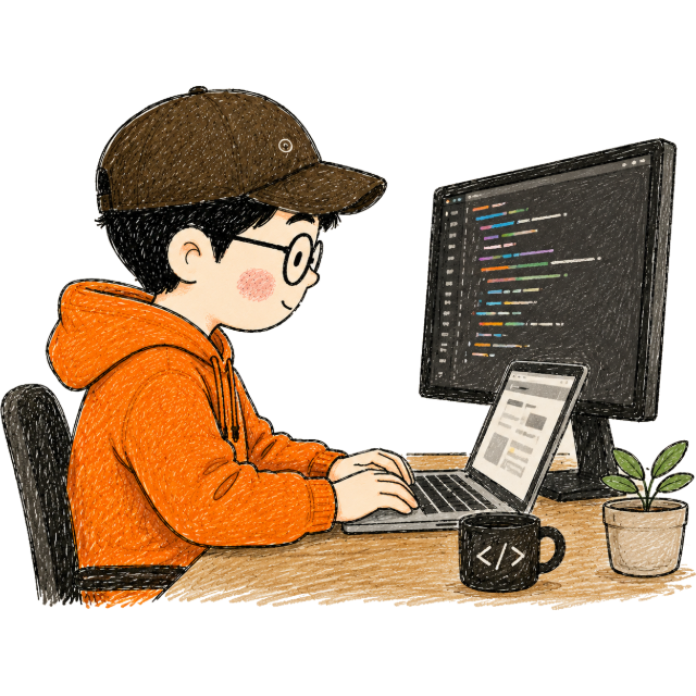 책상에서 코드를 작성하는 손완휘 일러스트